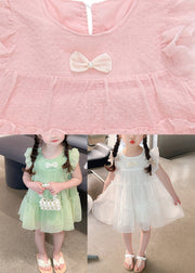 Elegant White Bow Tulle Kids A Line Mid Dresses Summer