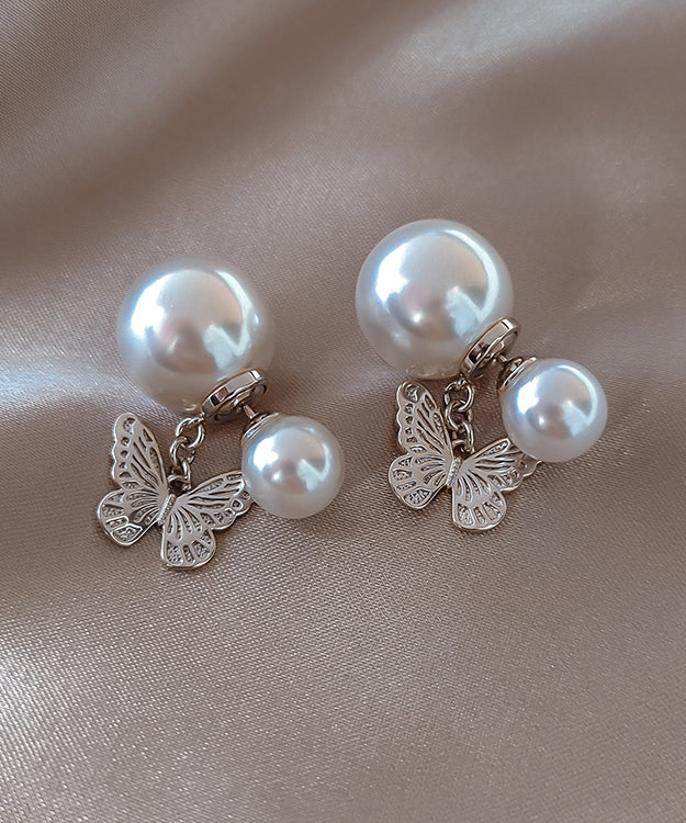 Elegant White Copper Butterfly Pearl Stud Earrings