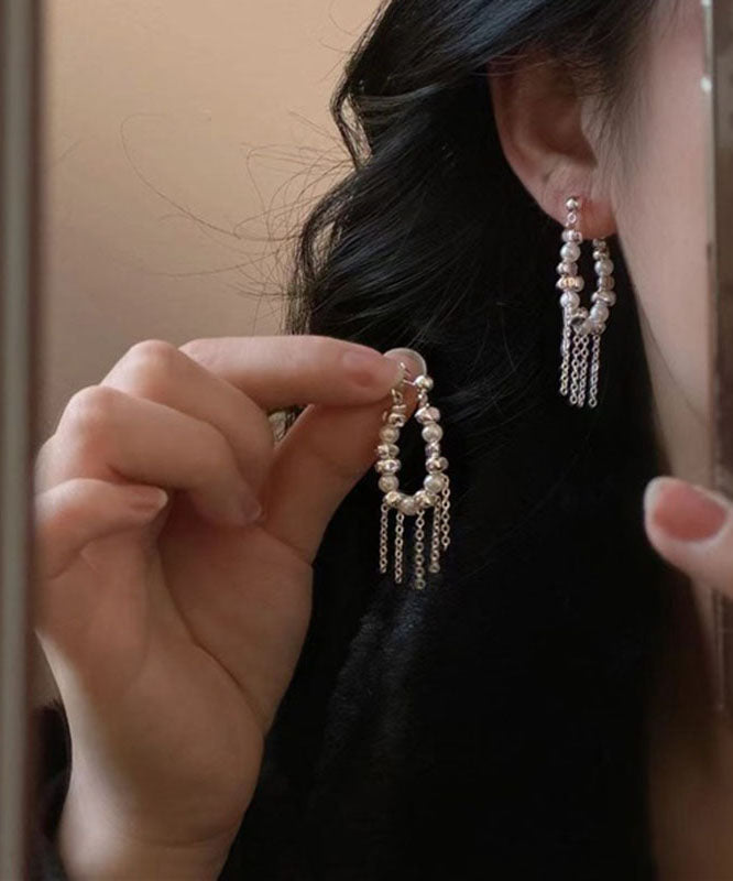 Elegant White Copper Silver Plating Pearl Tassel Drop Earrings