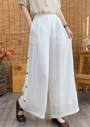 Elegant White Elastic Waist Linen Wide Leg Pants Summer