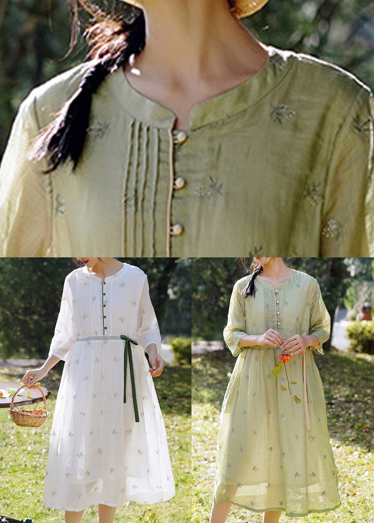 Elegant White Embroidered Button Linen Dress Spring