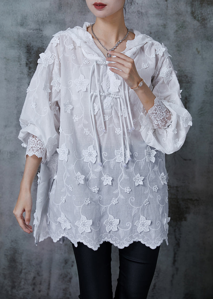 Elegant White Embroidered Floral Oriental Shirt Tops Summer