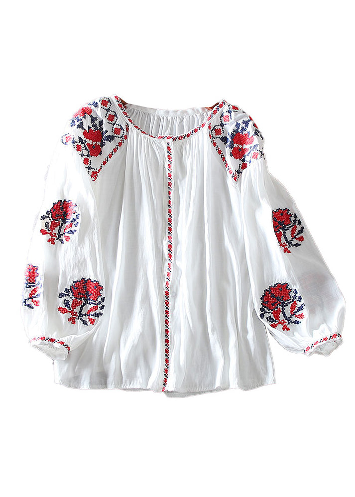 Elegant White Embroidered Floral Shirt Lantern Sleeve