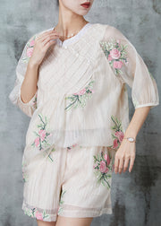 Elegant White Embroidered Silk Oriental Two Pieces Set Summer