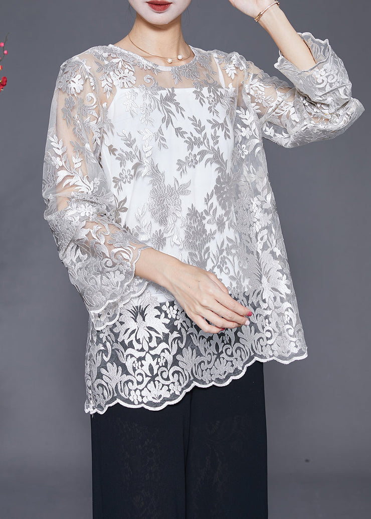 Elegant White Embroideried Hollow Out Lace Top Fall