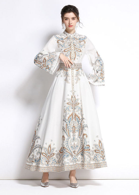 Elegant White Embroideried Patchwork Cotton Exra Large Hem Long Dresses Flare Sleeve