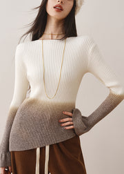 Elegant White Gradient Slash Neck Slim Knit Sweaters Fall