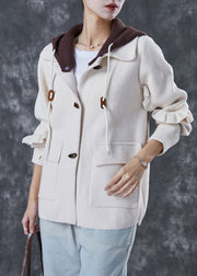 Elegant White Hooded Patchwork Ruffled Woolen Coats Spring