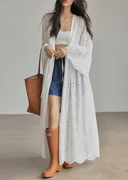 Elegant White Lace Up Hollow Out Cotton Dresses Flare Sleeve