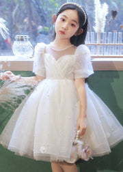 Elegant White Nail Bead Floral Tulle Kids Long Dresses Summer