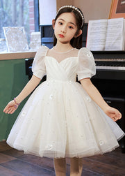 Elegant White Nail Bead Floral Tulle Kids Long Dresses Summer