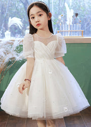 Elegant White Nail Bead Floral Tulle Kids Long Dresses Summer