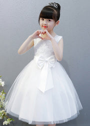 Elegant White O-Neck Floral Bow Tulle Kids Long Gowns Dress Sleeveless