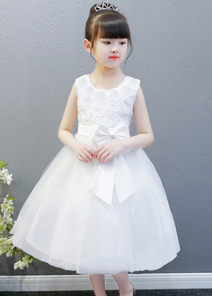 Elegant White O-Neck Floral Bow Tulle Kids Long Gowns Dress Sleeveless