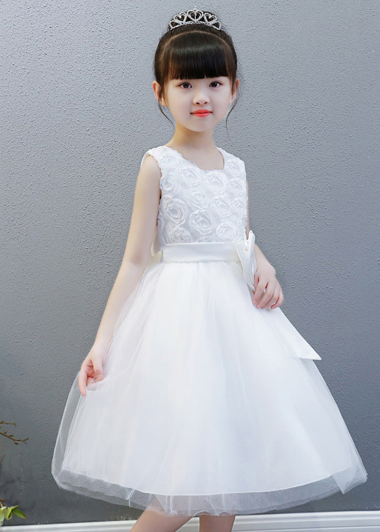 Elegant White O-Neck Floral Bow Tulle Kids Long Gowns Dress Sleeveless