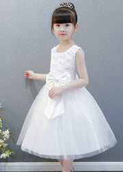 Elegant White O-Neck Floral Bow Tulle Kids Long Gowns Dress Sleeveless