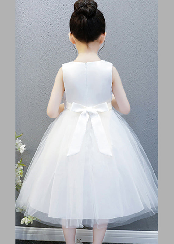 Elegant White O-Neck Floral Bow Tulle Kids Long Gowns Dress Sleeveless