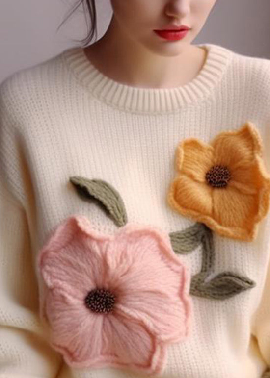 Elegant White O Neck Floral Knit Sweater Tops Fall