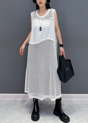 Elegant White O Neck Hollow Out Knit Dress Sleeveless