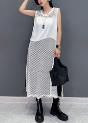 Elegant White O Neck Hollow Out Knit Dress Sleeveless