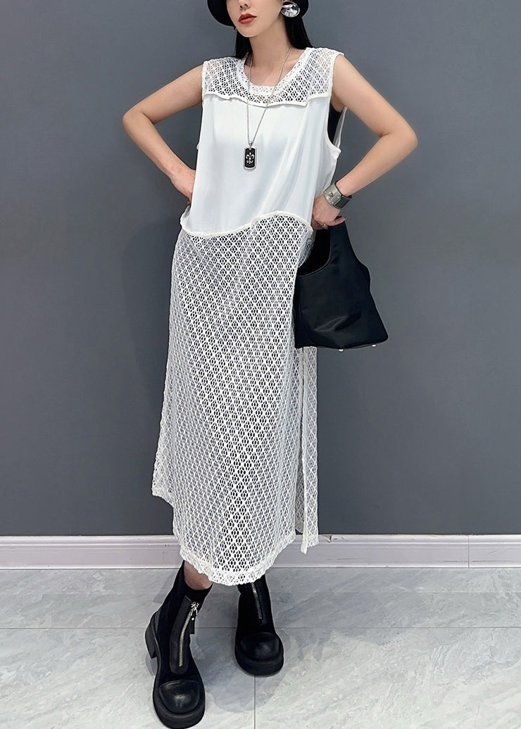 Elegant White O Neck Hollow Out Knit Dress Sleeveless