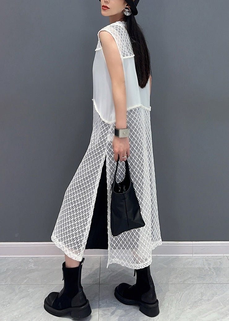 Elegant White O Neck Hollow Out Knit Dress Sleeveless