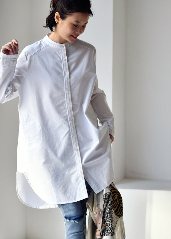 Elegant White O-Neck Low High Design Button Cotton Shirt Long Sleeve