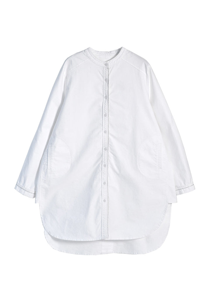 Elegant White O-Neck Low High Design Button Cotton Shirt Long Sleeve