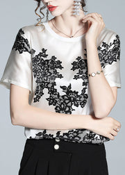 Elegant White O-Neck Print T Shirt Short Sleeve