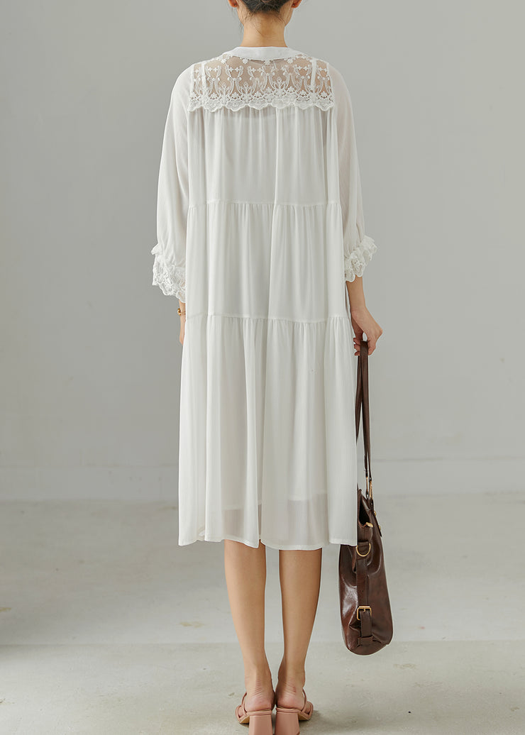 Elegant White Oversized Patchwork Cotton Robe Dresses Summer