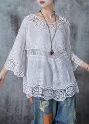 Elegant White Oversized Patchwork Lace Cotton Blouses Flare Sleeve