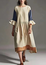 Elegant White Oversized Patchwork Linen Robe Dresses Flare Sleeve