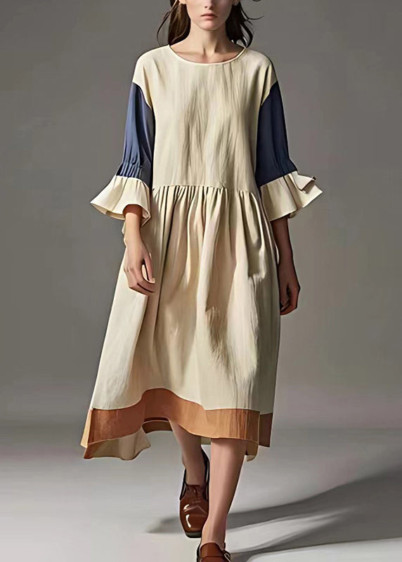 Elegant White Oversized Patchwork Linen Robe Dresses Flare Sleeve