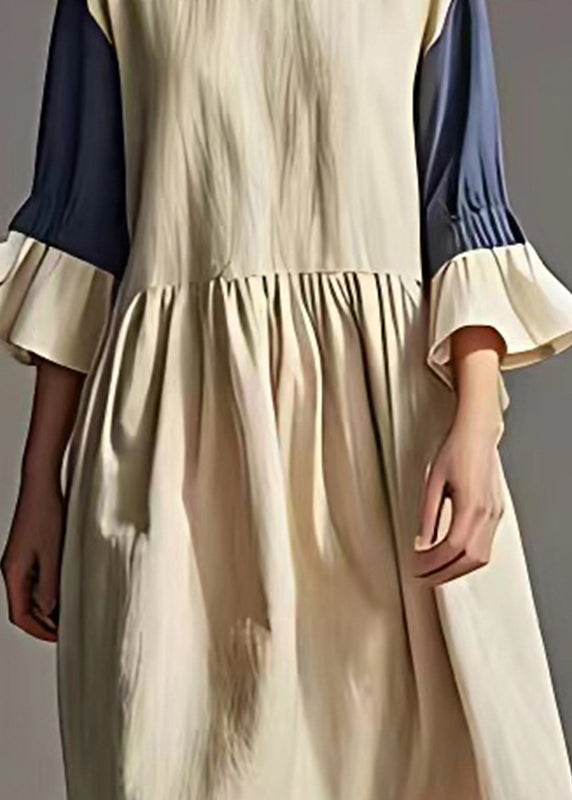 Elegant White Oversized Patchwork Linen Robe Dresses Flare Sleeve