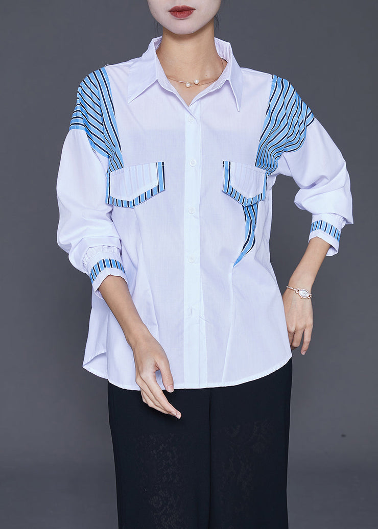 Elegant White Oversized Patchwork Striped Cotton Blouse Tops Fall