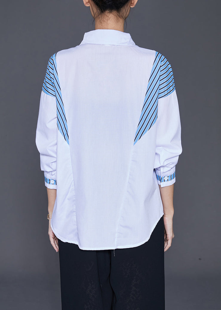 Elegant White Oversized Patchwork Striped Cotton Blouse Tops Fall