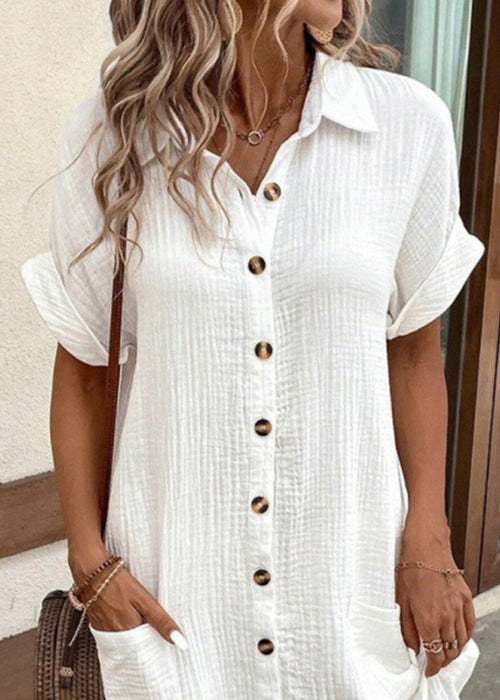 Elegant White Peter Pan Collar Button Pockets Cotton Shirt Dress Summer