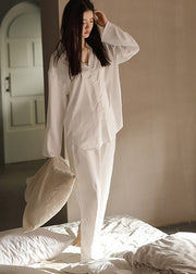 Elegant White Peter Pan Collar Button Solid Ice Silk Pajamas Two Piece Set Spring