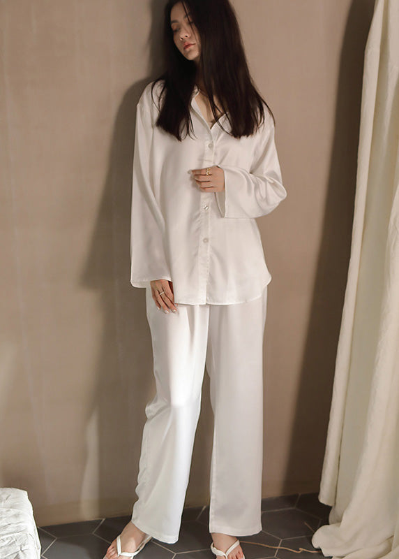 Elegant White Peter Pan Collar Button Solid Ice Silk Pajamas Two Piece Set Spring