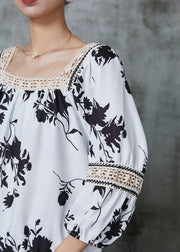 Elegant White Print Patchwork Lace Shirts Summer
