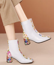 Elegant White Print Zircon Cowhide Leather Chunky Boots