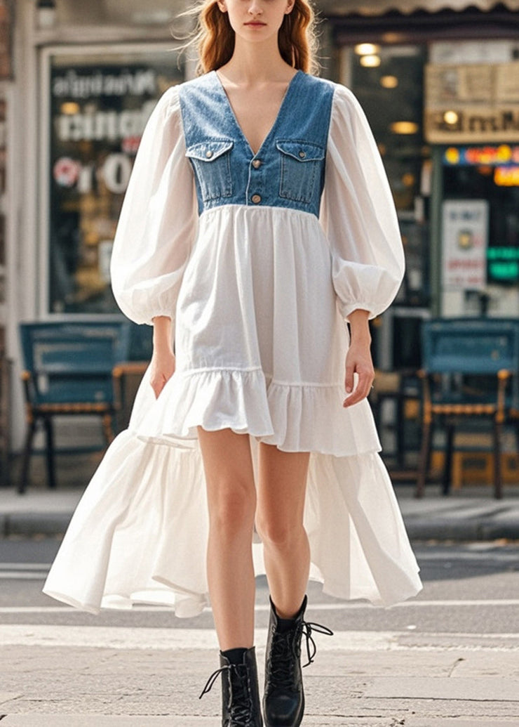 Elegant White Puff Sleeve Patchwork Denim Low High Design Cotton Dress Spring