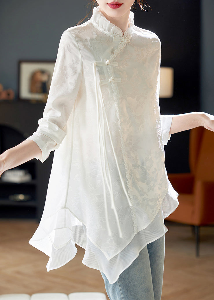 Elegant White Ruffled Chinese Button Chiffon Shirt Long Sleeve