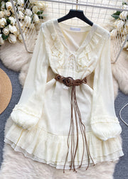 Elegant White Ruffled Lace Up Cotton Mid Dress Long Sleeve