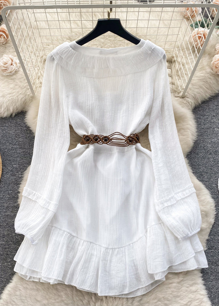 Elegant White Ruffled Lace Up Cotton Mid Dress Long Sleeve