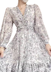 Elegant White Ruffled Print Chiffon Dress Long Sleeve