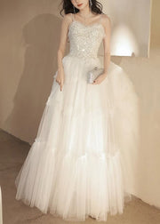 Elegant White Ruffled Sequins Tulle Spaghetti Strap Dress Sleeveless