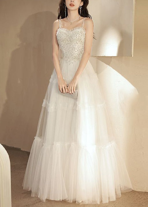 Elegant White Ruffled Sequins Tulle Spaghetti Strap Dress Sleeveless