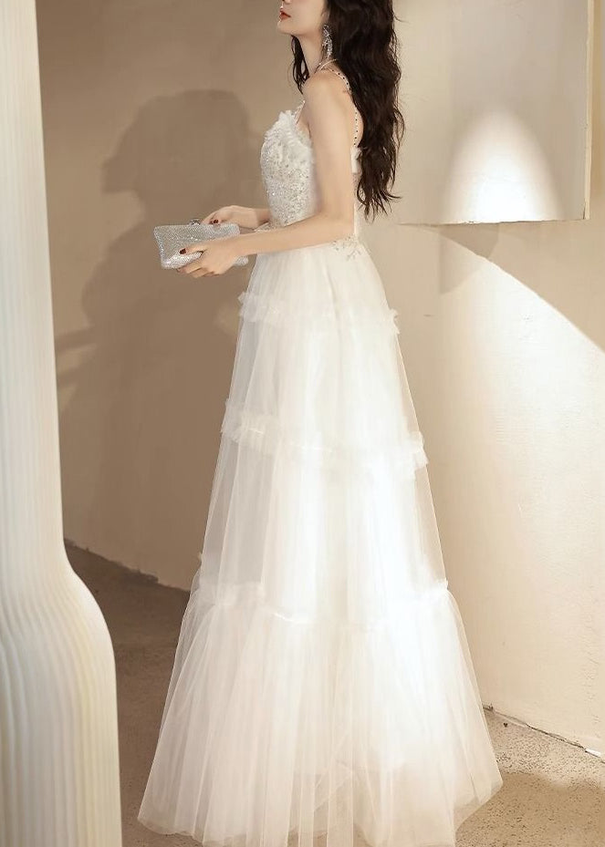 Elegant White Ruffled Sequins Tulle Spaghetti Strap Dress Sleeveless