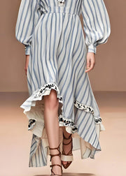 Elegant White Ruffled Striped Velvet Fishtail Dress Spring